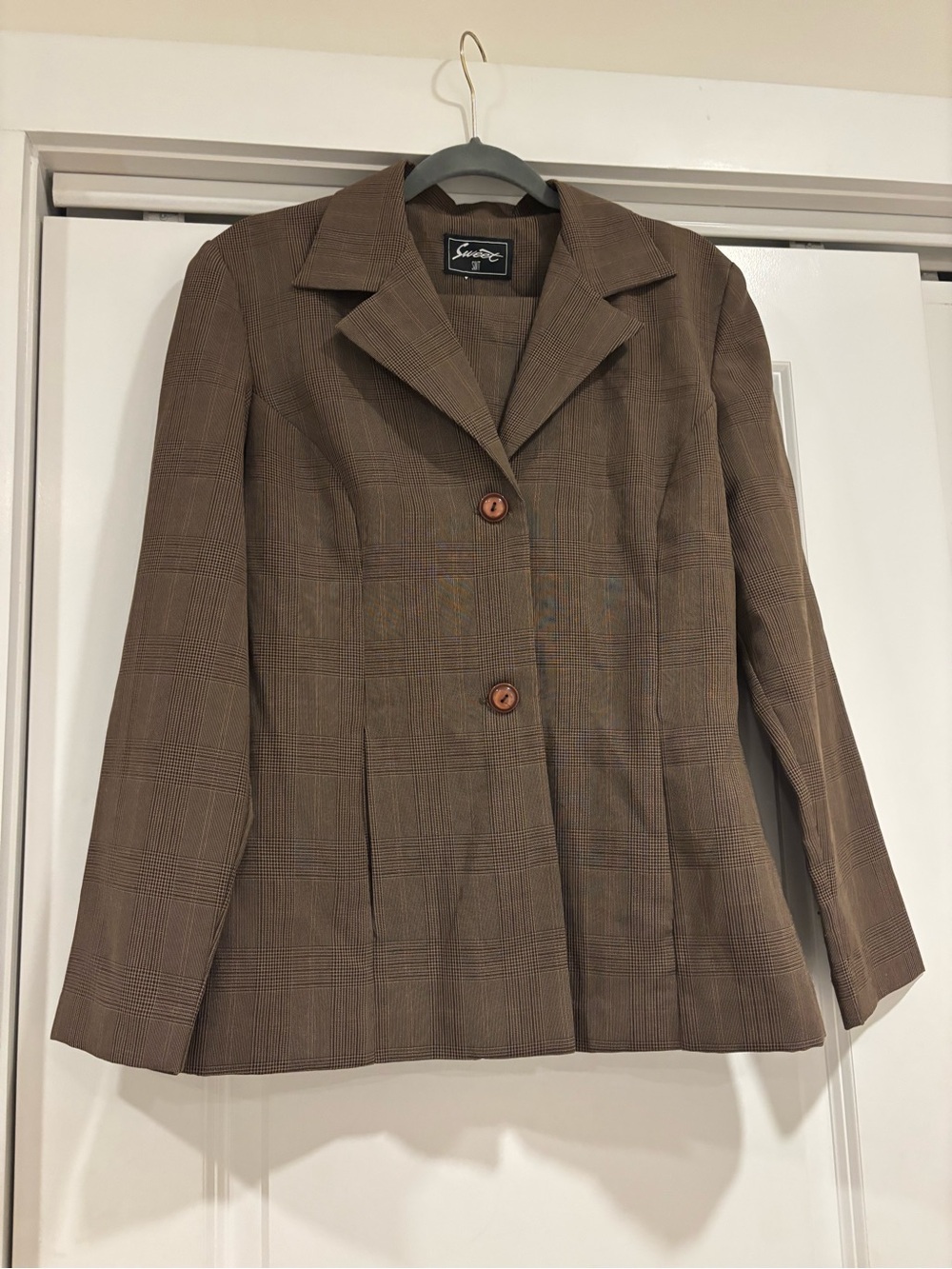 Classic Women's Brown Plaid Blazer and matching skirt set
